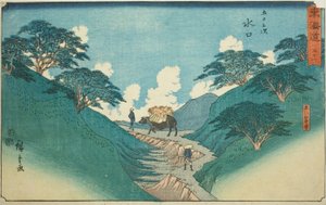 Minakuchi: De mooie pijnbomen bij de berg Hiramatsu (Minakuchi, Hiramatsuyama bisho)—Nr. 51, uit de serie "Drieënvijftig stations van de Tokaido (Tokaido gojusan tsugi)," ook bekend als de Reisho Tokaido door Utagawa Hiroshige