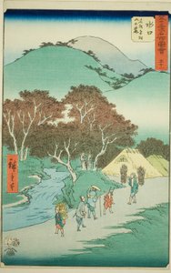 Minakuchi: De beroemde pijnbomen aan de voet van de berg Hiramatsu (Minakuchi, meisho Hiramatsu yama no fumoto), nr. 51 uit de serie "Beroemde bezienswaardigheden van de drieënvijftig stations (Gojusan tsugi meisho zue)", ook bekend als de Verticale Tokaid