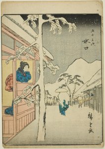 Minakuchi, uit de serie "Drieënvijftig stations [van de Tokaido] (Gojusan tsugi)," ook bekend als de Figuren Tokaido (Jinbutsu Tokaido) door Utagawa Hiroshige