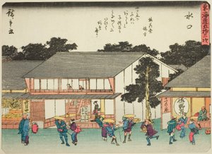 Minakuchi, uit de serie "Drieënvijftig stations van de Tokaido (Tokaido gojusan tsugi)," ook bekend als de Tokaido met gedicht (Kyoka iri Tokaido) door Utagawa Hiroshige
