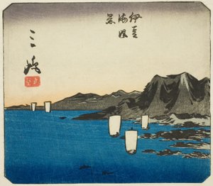 Mishima, deel van blad nr. 3 uit de serie "Uitgeknipte afbeeldingen van de Tokaido (Tokaido harimaze zue)" door Utagawa Hiroshige