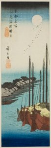 Mistige maan over de kust bij Tsukuda-eiland, uit de serie "Beroemde plaatsen in de oostelijke hoofdstad" door Utagawa Hiroshige