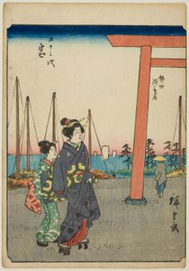 Miya, uit de serie "Drieënvijftig Stations [van de Tokaido] (Gojusan tsugi)," ook bekend als de Figuren Tokaido (Jinbutsu Tokaido)