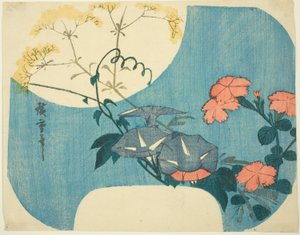 Ochtendglorie, anjers en maagdenbloem, uit de serie "Zeven herfstbloemen in maanlicht" door Utagawa Hiroshige