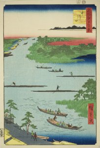 Monding van de Nakawaga Rivier (Nakagawaguchi), uit de serie "Honderd Beroemde Zichten van Edo (Meisho Edo hyakkei)" door Utagawa Hiroshige