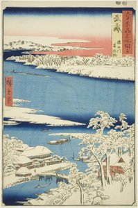 Musashi Provincie: Ochtend na sneeuw op de Sumida Rivier (Musashi, Sumidagawa yuki no ashita), uit de serie "Beroemde plaatsen in de zestig-odd provincies (Rokujuyoshu meisho zue)"