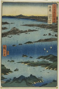 Provincie Mutsu: Uitzicht op Matsushima met in de verte de berg Tomi (Mutsu, Matsushima fukei, Tomiyama chobo no ryakuzu), uit de serie "Beroemde plaatsen in de ongeveer zestig provincies (Rokujuyoshu meisho zue)". door Utagawa Hiroshige