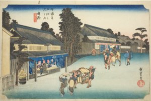 Narumi: Beroemde Tie-dyed Stoffen van Arimatsu, uit de serie "Drieënvijftig Stations van de Tokaido," ook bekend als de Hoeido Tokaido