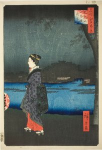 Nachtzicht op Matsuchi-heuvel en het San’ya-kanaal (Matsuchiyama San’yabori yakei), uit de serie "Honderd beroemde uitzichten van Edo (Meisho Edo hyakkei)" door Utagawa Hiroshige