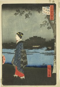 Nachtzicht op Matsuchi Heuvel en het San’ya Kanaal (Matsuchiyama San’yabori yakei), uit de serie "Honderd Beroemde Zichten van Edo (Meisho Edo hyakkei)" door Utagawa Hiroshige