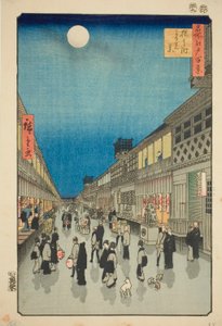 Nachtzicht van Saruwaka-machi (Saruwaka-machi yoru no kei), uit de serie "Honderd Beroemde Zichten van Edo (Meisho Edo hyakkei)" door Utagawa Hiroshige