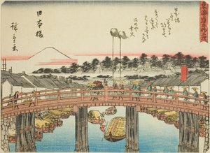 Nihonbashi, uit de serie "Drieënvijftig Stations van de Tokaido (Tokaido gojusan tsugi)," ook bekend als de Tokaido met Gedicht (Kyoka iri Tokaido)
