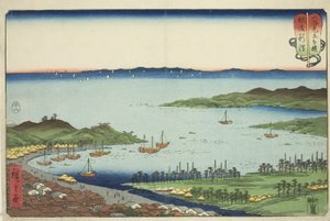 Niigata in de Echigo Provincie (Echigo Niigata), uit de serie "Worstelen tussen Bergen en Zeeën (Sankai mitate zumo)" door Utagawa Hiroshige