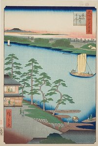 Niijuku veerboot (Niijuku no watashi), nr.93 uit de serie "Honderd beroemde vergezichten van Edo (Meisho Edo hyakkei)". door Utagawa Hiroshige