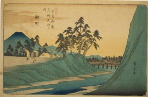 Nr. 12: Shinmachi, uit de serie "Negenenzestig stations van de Kisokaido (Kisokaido rokujukyu tsugi no uchi)" door Utagawa Hiroshige