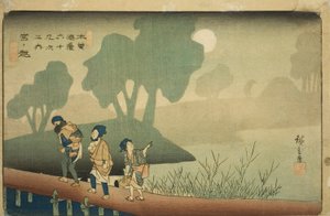 Nr. 37: Miyanokoshi, uit de serie "Negenenzestig stations van de Kisokaido (Kisokaido rokujukyu tsugi no uchi)" door Utagawa Hiroshige