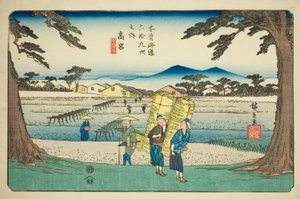 Nr. 65: Takamiya, uit de serie "Negenenzestig stations van de Kisokaido (Kisokaido rokujukyu tsugi no uchi)" door Utagawa Hiroshige