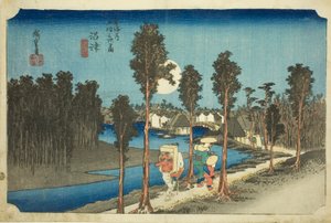 Numazu—Schemering (Numazu—tasogare zu), uit de serie De drieënvijftig stations van de Tōkaidō-weg (Tōkaidō gojūsan tsugi no uchi) door Utagawa Hiroshige