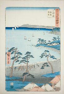 Odawara: Vissershuisjes aan het strand (Odawara, kaigan gyosha), nr. 10 uit de serie "Beroemde bezienswaardigheden van de drieënvijftig staties (Gojusan tsugi meisho zue)", ook bekend als de Verticale Tokaido.