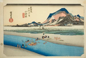 Odawara: De Sakawa Rivier (Odawara, Sakawagawa) uit de serie Drieënvijftig Stations van de Tokaido Weg (Tokaido gojusan tsugi no uchi), ook bekend als de Hoeido Tokaido door Utagawa Hiroshige