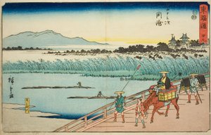 Okazaki: Yahagi Rivier (Okazaki, Yahagigawa)—Nr. 39, uit de serie "Drieënvijftig Stations van de Tokaido (Tokaido gojusan tsugi)," ook bekend als de Reisho Tokaido door Utagawa Hiroshige