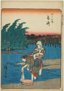 Okazaki, uit de serie "Drieënvijftig Stations [van de Tokaido] (Gojusan tsugi)," ook bekend als de Figuren Tokaido (Jinbutsu Tokaido) door Utagawa Hiroshige