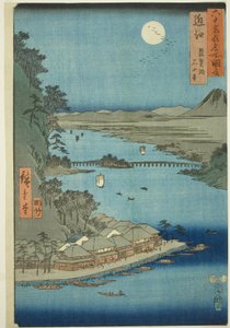 Omi Provincie: Biwa-meer en Ishiyama-tempel, uit de serie "Beroemde plaatsen in de zestig-odd provincies" door Utagawa Hiroshige