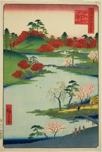 Opening van de tuin bij de Fukagawa Hachiman-schrijn (Fukagawa Hachiman yamabiraki), uit de serie "Honderd beroemde zichten van Edo (Meisho Edo hyakkei)"