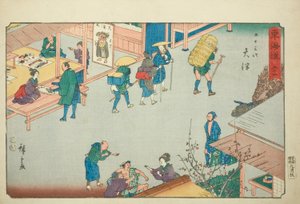 Otsu—Nr. 54, uit de serie "Drieënvijftig stations van de Tokaido (Tokaido gojusan tsugi)," ook bekend als de Reisho Tokaido door Utagawa Hiroshige