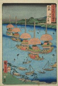Owari Provincie: Tenno Festival in Tsushima (Owari, Tsushima Tenno matsuri), uit de serie "Beroemde Plaatsen in de Zestig-odd Provincies (Rokujuyoshu meisho zue)" door Utagawa Hiroshige