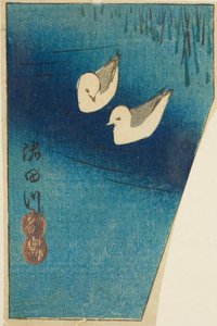 Scholeksters aan de Sumida-rivier (Sumidagawa, miyakodori), deel van een blad uit de serie "Uitknipsels van Beroemde Plaatsen in Edo (Harimaze Koto meisho)" door Utagawa Hiroshige