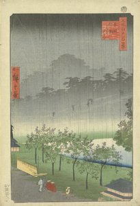 Paulownia-plantage in Akasaka in de avondregen door Utagawa Hiroshige