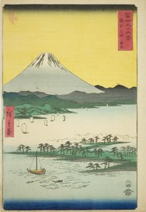 Pijnboomstrand bij Miho in de provincie Suruga, uit de serie "Zesendertig Zichten op de Berg Fuji" door Utagawa Hiroshige