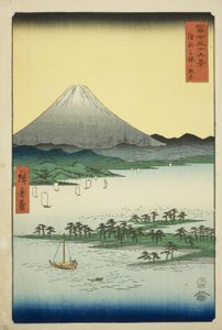 Pijnboomstrand bij Miho in de provincie Suruga (Suruga Miho no matsubara), uit de serie "Zesendertig gezichten op de berg Fuji (Fuji sanjurokkei)" door Utagawa Hiroshige