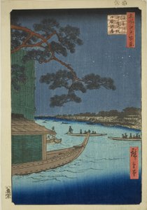 Pijnboom van Succes en Oumayagashi, Asakusa Rivier (Asakusagawa Shubi no matsu Oumayagashi), uit de serie "Honderd Beroemde Uitzichten van Edo (Meisho Edo hyakkei)"
