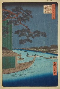 Pine of Success en Oumayagashi, Asakusa River (Asakusagawa Shubi no matsu Oumayagashi), No.61 uit de serie "One Hundred Famous Views of Edo (Meisho Edo hyakkei)". door Utagawa Hiroshige