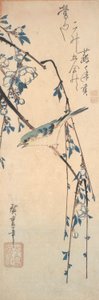 Roodflankblauwstaart op een kersen tak door Utagawa Hiroshige