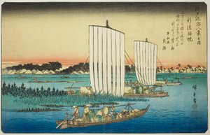 Terugkerende zeilen bij Gyotoku (Gyotoku no kihan), uit de serie "Acht uitzichten in de omgeving van Edo (Edo kinko hakkei no uchi)" door Utagawa Hiroshige