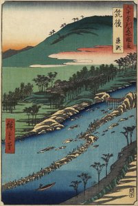 Rivier met visvallen, Chikugo provincie, september 1855