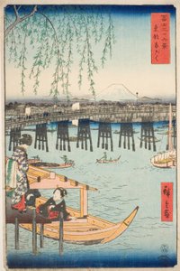 Ryogoku-brug in de oostelijke hoofdstad (Toto Ryogoku), uit de serie "Zesendertig gezichten op de berg Fuji (Fuji sanjurokkei)" door Utagawa Hiroshige