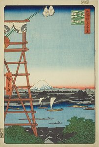 Ryogoku Ekoin en Moto-Yanagi Brug (Ryogoku Ekoin Moto-Yanagibashi), nr.5 uit de serie "Honderd beroemde vergezichten van Edo (Meisho Edo hyakkei)". door Utagawa Hiroshige