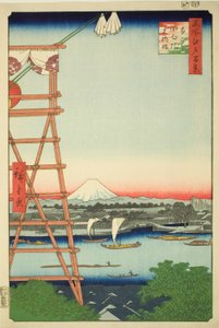 Ryogoku Ekoin en Moto-Yanagi Brug (Ryogoku Ekoin Moto-Yanagibashi), uit de serie "Honderd Beroemde Zichten op Edo (Meisho Edo hyakkei)" door Utagawa Hiroshige