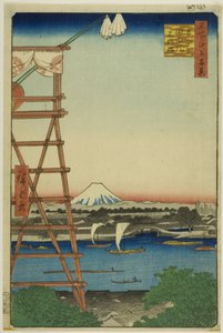 Ryogoku Ekoin en Moto-Yanagi Brug (Ryogoku Ekoin Moto-Yanagibashi), uit de serie "Honderd beroemde vergezichten van Edo (Meisho Edo hyakkei)". door Utagawa Hiroshige