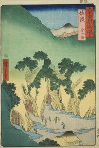 Sado Provincie: Goudmijnen (Sado, Kinzan), uit de serie "Beroemde plaatsen in de zestig-odd provincies (Rokujuyoshu meisho zue)" door Utagawa Hiroshige