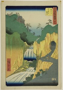 Sakanoshita: Kannon in de grot (Sakanoshita, Gankutsu no Kannon), nr. 49 uit de serie "Famous Sights of the Fifty-three Stations (Gojusan tsugi meisho zue)", ook bekend als de Vertical Tokaido. door Utagawa Hiroshige