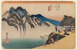 Sakanoshita: het weggooien van de penseelberg, plaat 49 van de eerste Tokaido-serie, ca. 1834 door Utagawa Hiroshige