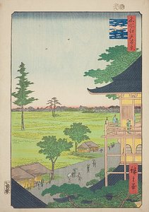 Sazai Hall van de Five Hundred Rakan Temple (Gohyaku Rakan Sazaido), nr.66 uit de serie "One Hundred Famous Views of Edo (Meisho Edo hyakkei)". door Utagawa Hiroshige