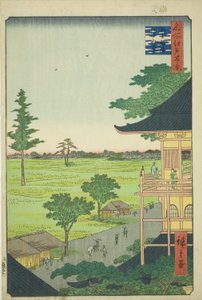 Sazai Hall van de Vijfhonderd Rakan Tempel (Gohyaku Rakan Sazaido), uit de serie "Honderd Beroemde Zichten van Edo (Meisho Edo hyakkei)"