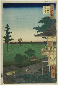 Sazai Hall van de Five Hundred Rakan Temple (Gohyaku Rakan Sazaido), uit de serie "One Hundred Famous Views of Edo (Meisho Edo hyakkei)". door Utagawa Hiroshige