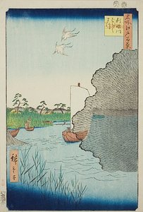 Verspreide dennenbomen aan de rivier de Tone (Tonegawa Barabara-matsu), nr. 71 uit de serie "Honderd beroemde vergezichten van Edo (Meisho Edo hyakkei)". door Utagawa Hiroshige